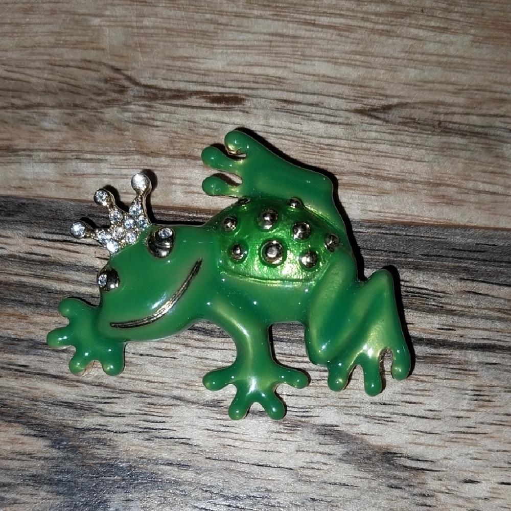 Unbranded Vintage Green Frog Brooch With Rhinestones On Crown